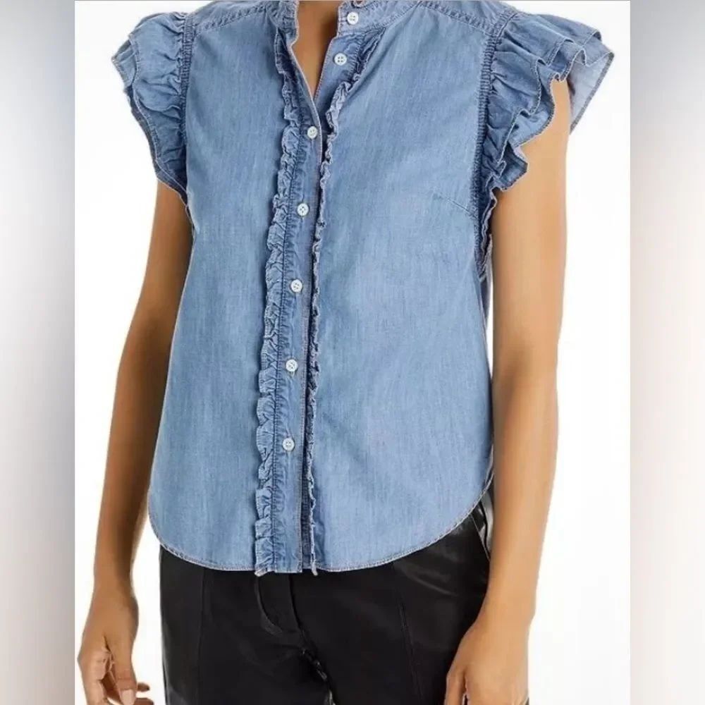 Veronica Beard | Pale Stone Tenille Shirt Denim Ruffle Sleeveless Blouse size XS